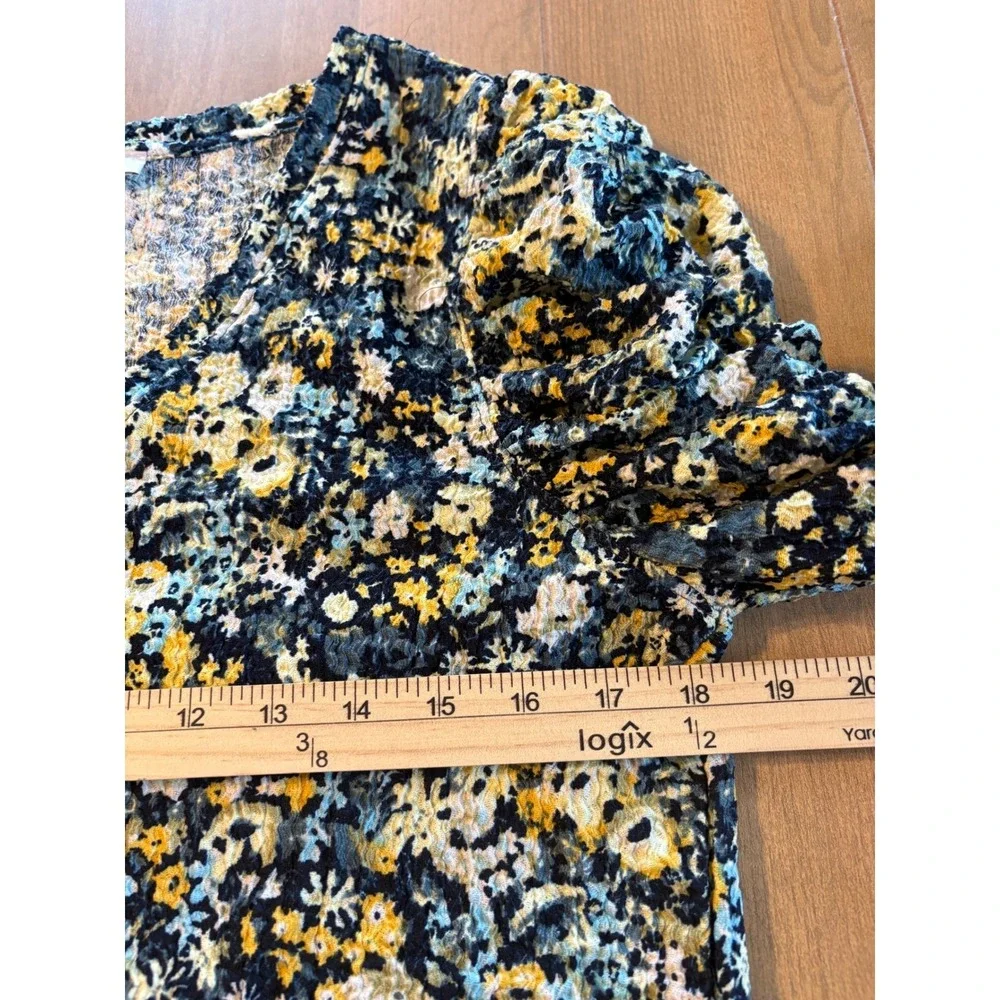 LOFT Womens Floral Puff Sleeve Blouse Size L Blue Yellow Cottagecore Casual